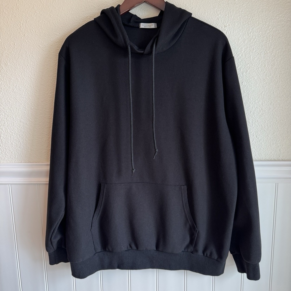 Coofandy Mens Waffle Knit Hoodie Black Pullover Sweatshirt Size L